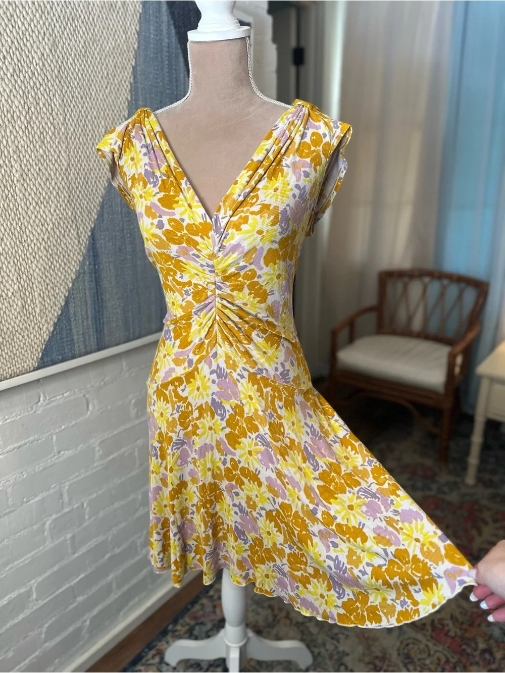 Free People Yellow and Purple Floral Ribbed Drop Waist Dress